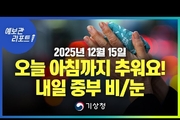 오늘 아침까지 전국 영하권 추위, 내일 중부지방 중심 약한 비/눈. (기상청 예보 25년 12월 15일 05시 기준)